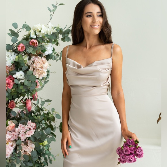 ❗️NEW❗️ Khaki Spaghetti Strap Cowl Neck Long Silk Dress - Picture 7 of 9